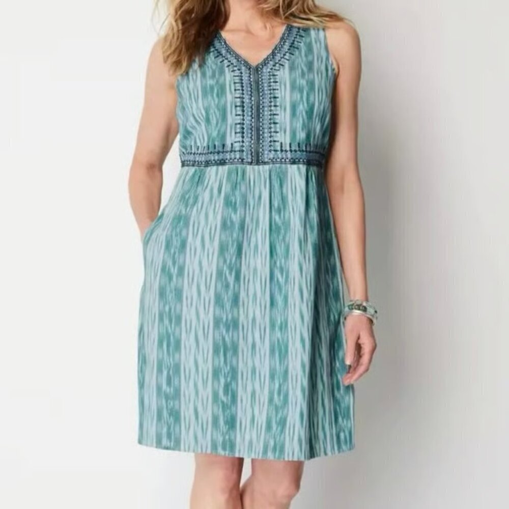 J Jill Ikat shift dress boho embroidery green blue pockets cotton Large PETITE